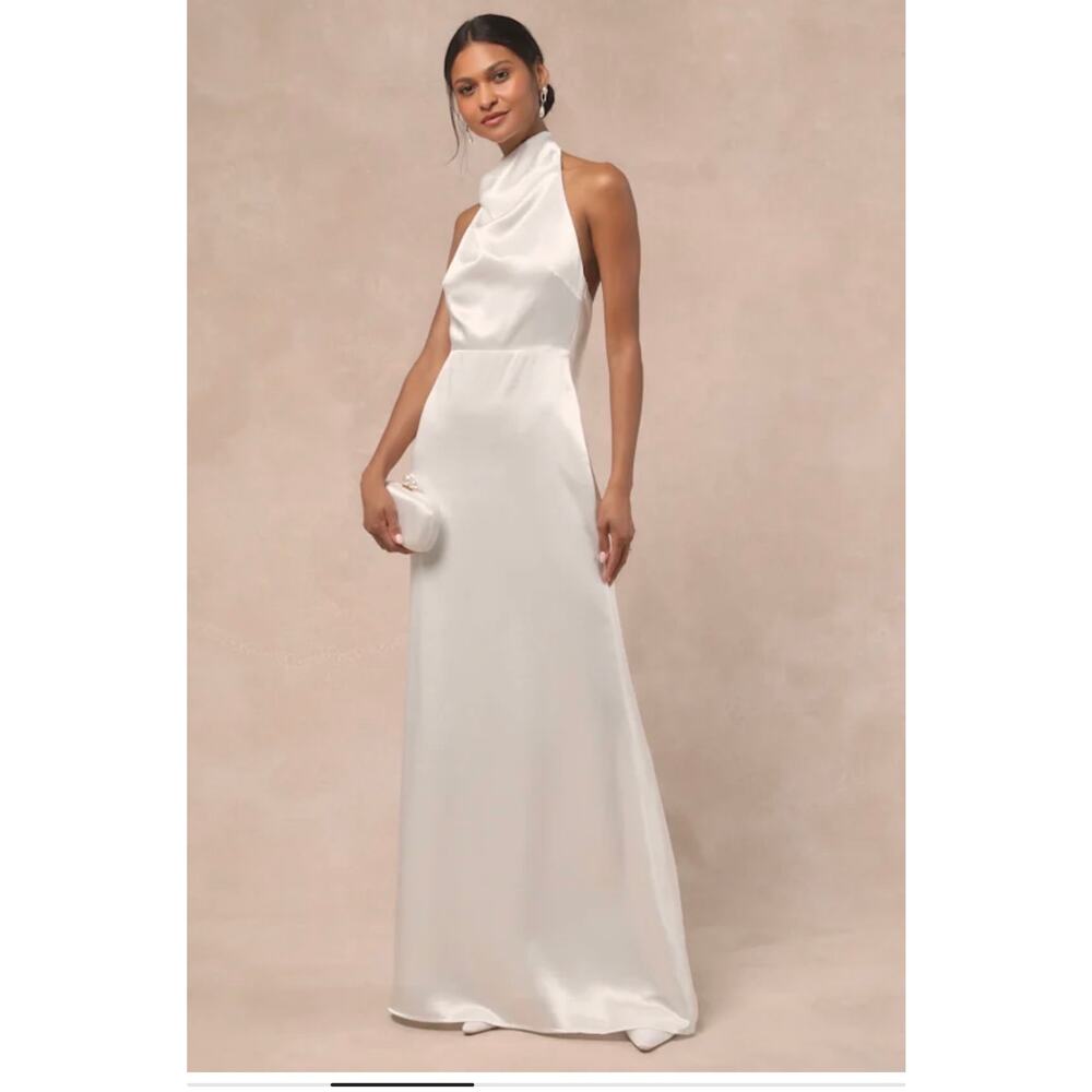 Lulus Meliana White Satin Halter Backless Maxi Dress